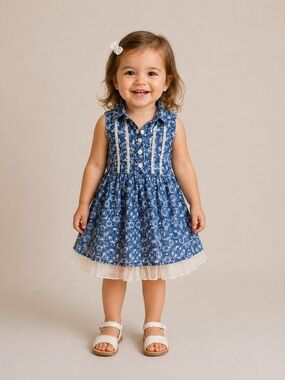 Sweet Heart Rose Sleeveless Toddler Girl Lace Back Blue Dress, 2T